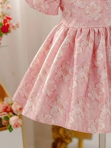 Glamorique Kids Glamorique 女婴公主裙，蓝色花卉欧根纱提花面料，优雅正式派对礼服，适合中东、欧洲、美洲，奢华舞台表演复活节 - 粉色 - 查看 6