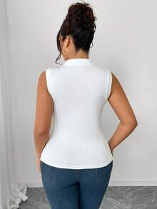 Elenzga Plus Size Women White Ribbed Knit Camisole,High Stretch Sleeveless Top,Half-Open Collar Pearl Button Splice,Elegant Fashionable Summer Casual Teacher - White - View 2