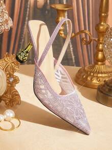 CUCCOO TILAWA 女士时尚方头细高跟鞋，优雅晚宴高跟鞋，露后跟套穿式水钻装饰高跟鞋 - 粉色 - 查看 6