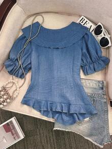 GlowEve Women's Blue Denim Effect Ruffle Trim Short Sleeve Blouse - Blue - View 2