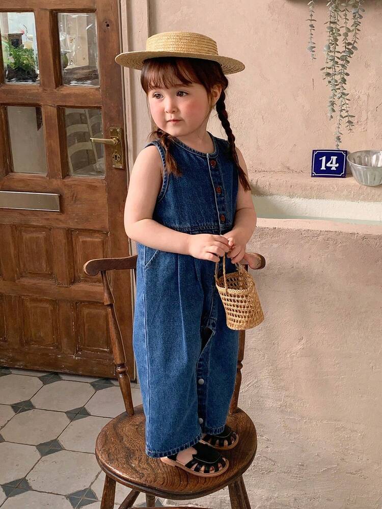 Baby Girls' Vintage Casual Sleeveless Denim Jumpsuit Summer Toddler Girls Clothes