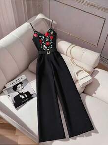 GlowEve Spring/Summer New Elegant Vacation Romantic Party Women's Outing Cinched Waist V-Neck Printed Camisole Long Straight Leg Wide Leg Jumpsuit - Black - View 1