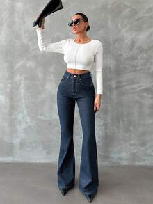 EURMUSE 98%Cotton Zip Front Slant Pocket Casual Flare Jeans - Blue - View 4