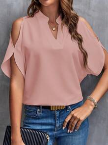 SHEIN Clasi Solid Cold Shoulder Split Sleeve Blouse White Shirt - Dusty Pink - View 2