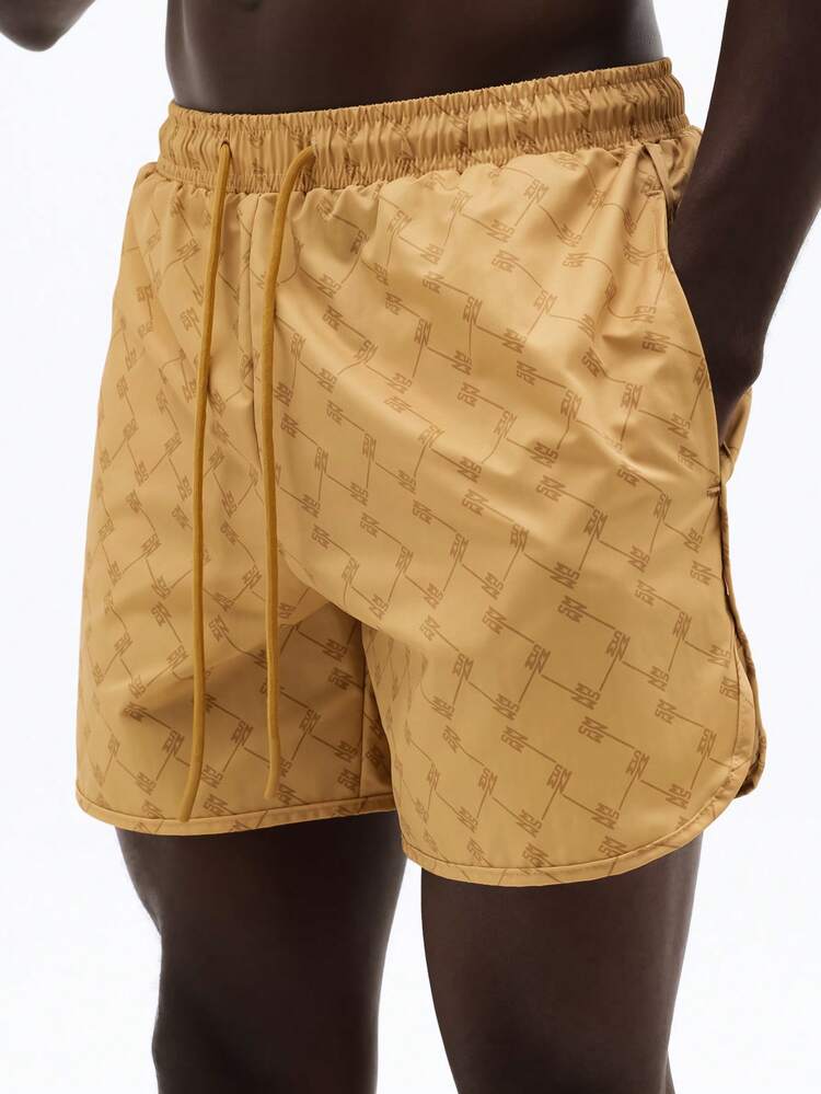 Monogram Print Swim Trunks With Drawstring
