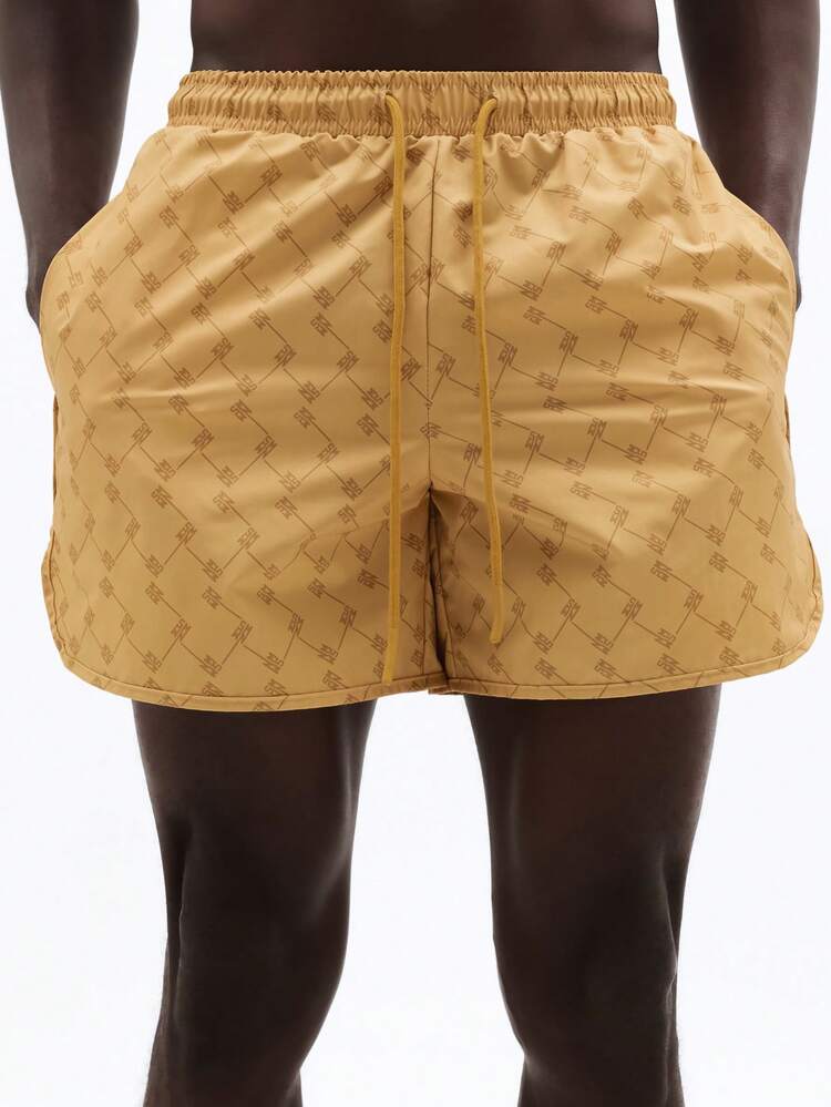 Monogram Print Swim Trunks With Drawstring