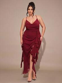 SHEIN BAE 大码女式酒红色长款开衩下摆情人节连衣裙，优雅垂褶领连衣裙 - 咖啡棕 - 查看 3