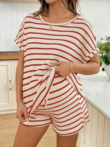 SHEIN Maternity Striped Round Neck Short Sleeve Top And Adjustable Waist Shorts Casual Outfit World Cup - Red and White - View 7