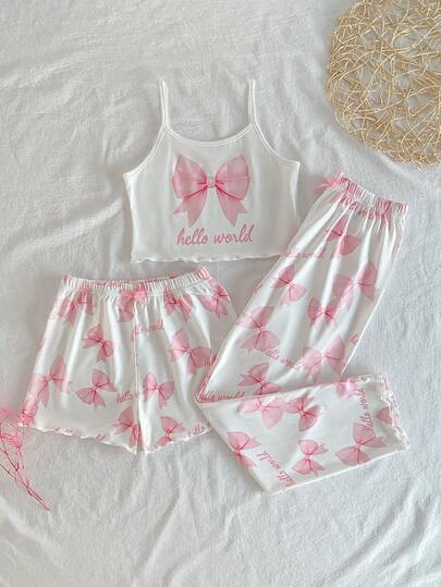 SHEIN 3pcs Girls Bow Print Camisole Shorts + Pants Pajama Set, Pink & White, Minimalist & Fashionable Girls Pajamas Shorts Sets Girl Summer Pajama Flower Girl Pjs