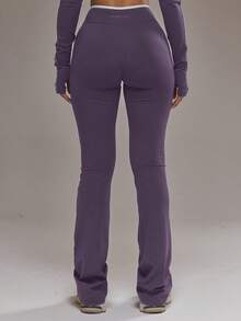 Musera Sport 撞色滚边下摆修身喇叭瑜伽裤（仅裤子）板式冬季运动健身服 - 紫色 - 查看 5