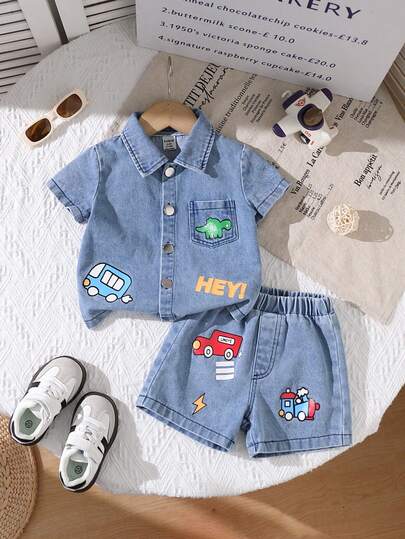 2pcs/Set Baby Boys' Summer Blue Casual Cartoon Traffic Print Denim Shirt With Matching Denim Shorts Set, Suitable For Outings, Casual Wear, And Parties Baby Boy Summer Sets Toddler Boy Clothes Summer Sets Baby Boys Sets