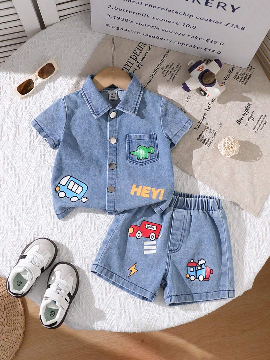 2pcs/Set Baby Boys' Summer Blue Casual Cartoon Traffic Print Denim Shirt With Matching Denim Shorts Set, Suitable For Outings, Casual Wear, And Parties Baby Boy Summer Sets Toddler Boy Clothes Summer Sets Baby Boys Sets - Blue - View 1