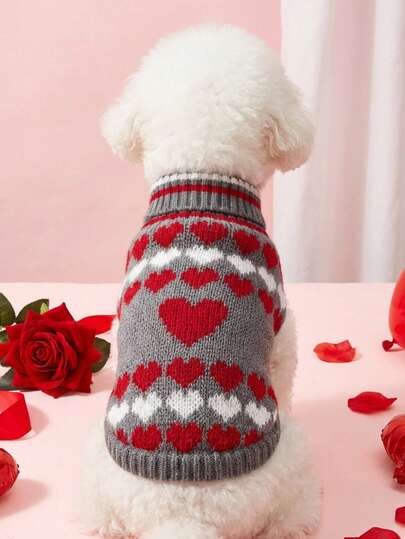 PETSIN 1pc Red And White Love Printed Pet Sweater Small And Medium Sized Dog Valentine's Day Grey Warm Knitted Sweater Pet Clothes