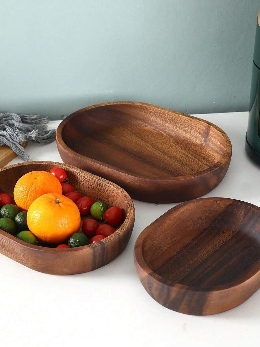 3 Pieces / 1 Piece: Elliptical, Flat-Bottomed Salad Bowl Made Of Rosewood - Brown - View 1