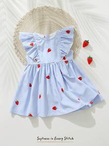 Cozy Pixies Baby Girl Strawberry Print Round Neck Short Sleeve Waist Dress,Cute Light Blue And White Summer Toddler Girls Fruit Picnic Vacation Spring Dresses - Blue - View 7
