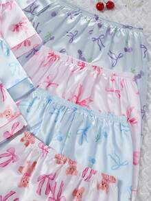 Sweet Style School Girls Pajamas, Satin Fabric With Printed Patterns, Short Sleeve Collared Cardigan Top Paired With Shorts, Comfortable Loungewear, 4 Sets Randomly Shipped As 2 Set Combinations, Suitable For Summer - Multicolor - View 7
