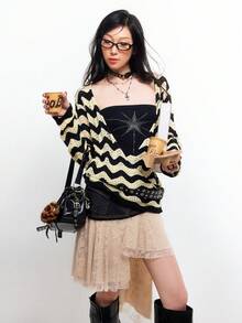 Bloopia Women's Asymmetric Hem Fashionable Lace Patchwork Denim Mini Skirt - Black - View 7