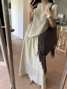 DAZY 女士度假休闲纯色衬衫半裙两件套家居服套装，夏季女士休闲装 - 紫色 - 查看 1