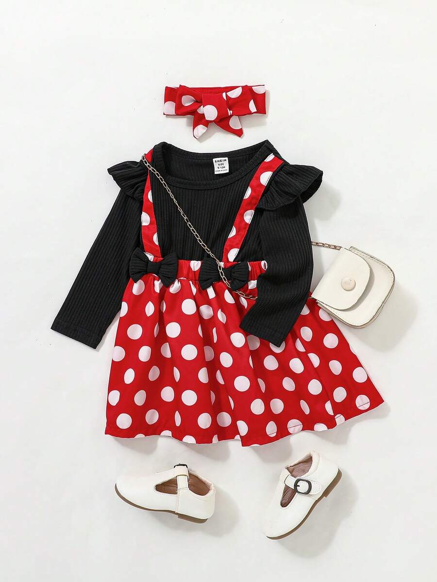 SHEIN Playful Pals Baby Girl Polka Dot Print Ruffle Trim Bow Front 2 In 1 Dress With Headband - Multicolor - View 1