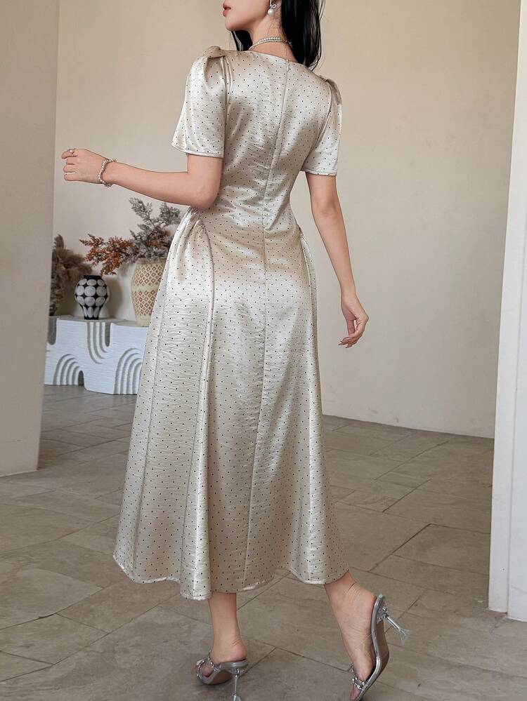 Women's Elegant Polka Dot Square Collar Puff Sleeve Ruched Midi Dress, Summer Wedding Guest Dress Sundress Cocktail Dress