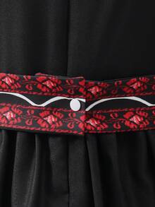 Young Girls' Print Pattern Belted Square Neck Dress, Suitable For Casual, Holiday, & Cute Daily Wear, Spring/Autumn - Black - View 12