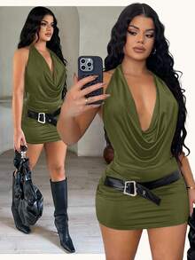 SHEIN SXY 优雅性感深V露背迷你连衣裙 - 軍綠色 - 查看 6