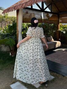 Vibekara 优雅复古法式花卉雪纺拼接镂空蕾丝边及膝V领泡泡袖腰带飘逸连衣裙，适合春、夏、秋季、度假、派对等场合。 - 彩色 - 查看 2