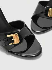 CUCCOO BIZCHIC 黑色高光泽金色搭扣高跟穆勒鞋，时尚尖头细高跟鞋，适合女性，商务、优雅晚宴及派对穿着。 - 黑色 - 查看 8