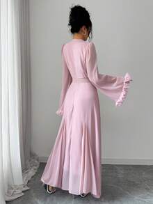 Yasmyna V-Neck Floral Lace Flare Sleeve Midi Dress For Women - Pink - View 2