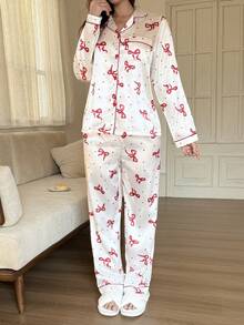 蝴蝶结波点仿丝绸女士长袖睡衣套装 - 白色 - 查看 2