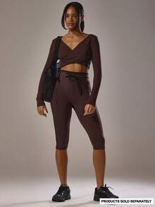 Musera Sport Sport Contrast Piping Tie Front Capri Pants Active Gym Workout Casual Sonder - Coffee Brown - View 4