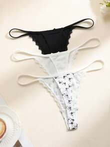 SHEIN 3pcs/Set Women's Lace Patchwork Floral Pattern Thong Panties - Multicolor - View 2