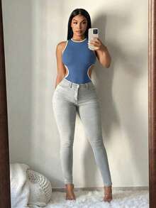 SHEIN SXY Áo liền thân nữ kiểu dáng thể thao, gợi cảm, phối màu xanh dương và trắng. - Màu xanh lam - Xem 7