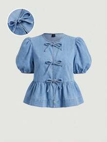 SHEIN MOD 女士休闲系带泡泡袖荷叶边下摆牛仔衬衫，夏季 - 淺色水洗藍 - 查看 1