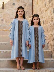 SHEIN DRMZ Young Girl Sky Blue Autumn Elegant Traditional Wedding Flamingo Print Long Sleeve Dress,Pink Floral Arabian,Kaftan Prayer Jalabiya Clothes - Blue - View 3