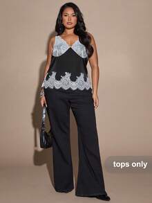 SHEIN BAE Women's Elegant Black And White Color-Blocked Lace Patchwork Camisole,Summer Night V-Neck Bustier Top With Hem,Versatile Elegant Top - Black and White - View 6