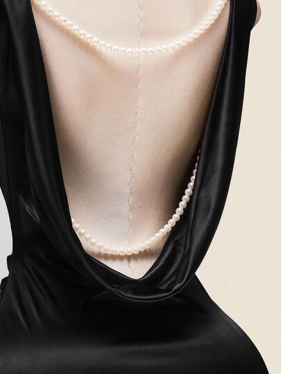 SHEIN ICON 大码女士缎面优雅珍珠链黑色连衣裙