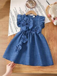 Young Girl Blue Fashionable Sleeveless Round Neck 5-Petal 3D Flower Collar Droplet Dress - Blue - View 6