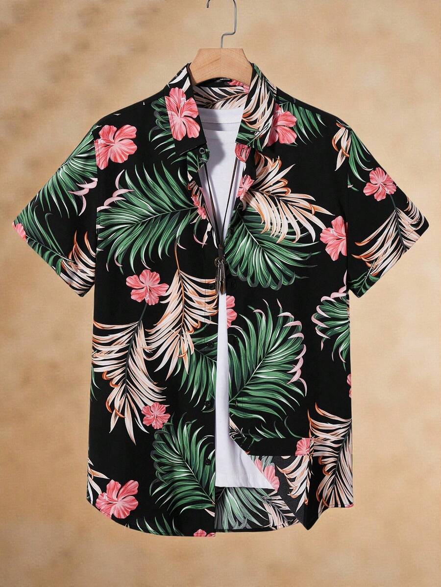 Manfinity BRENVOR Men Tropical Print Shirt Without Tee For Summer Vacation, Couple Things - Black - View 1