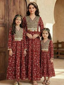 SHEIN Young Girl's Burgundy & Magenta Rose Contrast Collar Floral Pendant Tassel Folk Style Vacation Dress - Red - View 5