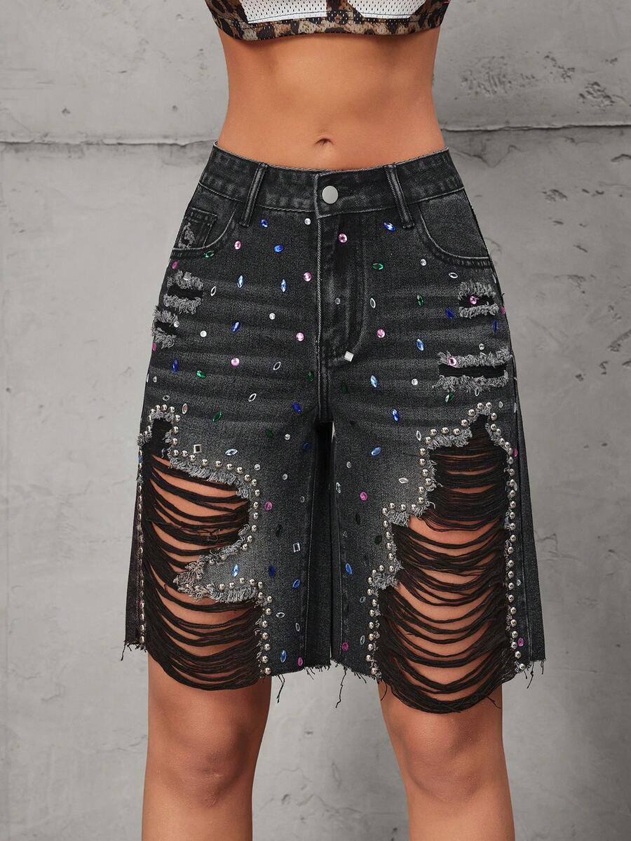 StreetHx Y2K Distressed Ripped Denim Shorts - Black - View 1