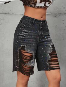 StreetHx Y2K Distressed Ripped Denim Shorts - Black - View 4