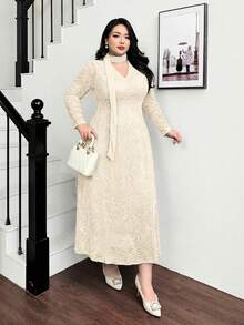 Feyla Plus Size Elegant Contrast Lace V-Neck Waist Cinched Dress, Autumn - Apricot - View 4