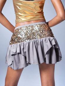 Y2Kool Women's Sequin Pleated Sexy Mini Skirt, Suitable For Party, Evening, Y2K Streetwear, Spring/Summer - Grey - View 2