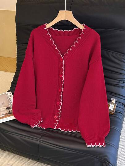 GlowEve CURVE Plus Size V-Neck Knitted Cardigan Jacket, Lantern Sleeve, Button Closure, Autumn/Winter