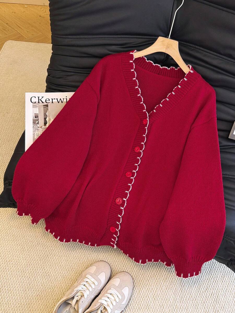 GlowEve CURVE 大码V领针织开衫外套，灯笼袖，纽扣开襟，秋冬款 - 紅色 - 查看 1