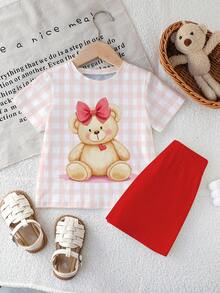 女婴可爱格子小熊蝴蝶结印花时尚休闲舒适圆领短袖T恤短裤套装，适合派对、聚会、春夏穿着。 - 彩色 - 查看 3