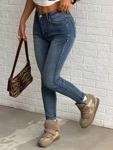 SHEIN PETITE Women's Casual Everyday Commute Slim Fit Skinny Jeans - Medium Wash - View 4