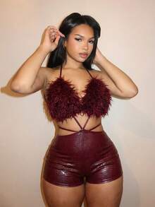 Slaydiva 2025秋冬季，适合生日派对、返校、校园风、日常穿着、休闲、度假、邮轮旅行、海滩、日光浴、时尚、街头风、性感夜店风，露背系带，露背，腰部镂空，毛绒面料，酒红色PU豹纹针织，性感紧身连体裤，女士紧身连体裤 - 酒紅色 - 查看 3