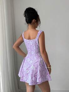 Rafferiza Spring/Summer Regular Women's Wide Collar Sleeveless Waist Cinched Ruched Hem Blue Textured Jacquard Mini Dress, Elegant & Romantic For Graduation, Prom, Party, Music Festival, Vacation - Mauve Purple - View 2